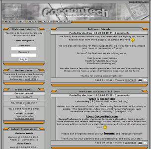 Screenshot of the initial CocoonTech.com design and first post in 2003
